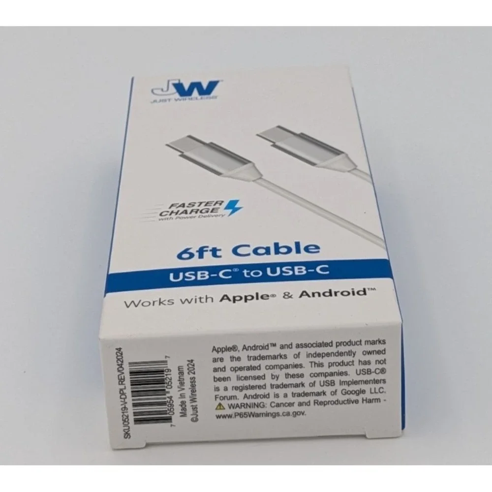 JW Just Wireless USB-C To USB-C Fast Charge w/ Power Delivery 6 Ft Cable White